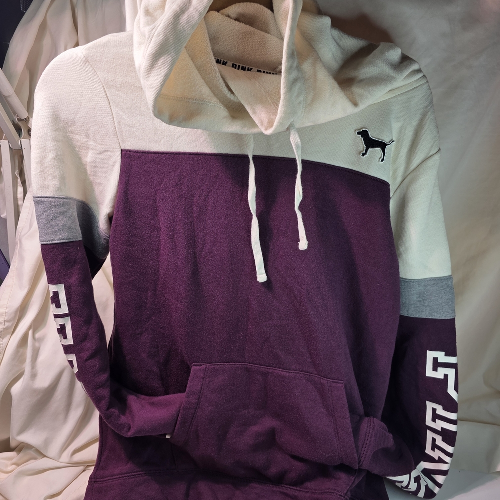 Pink Victorias Secret Purple and Cream Small Hoodie with Dog Logo